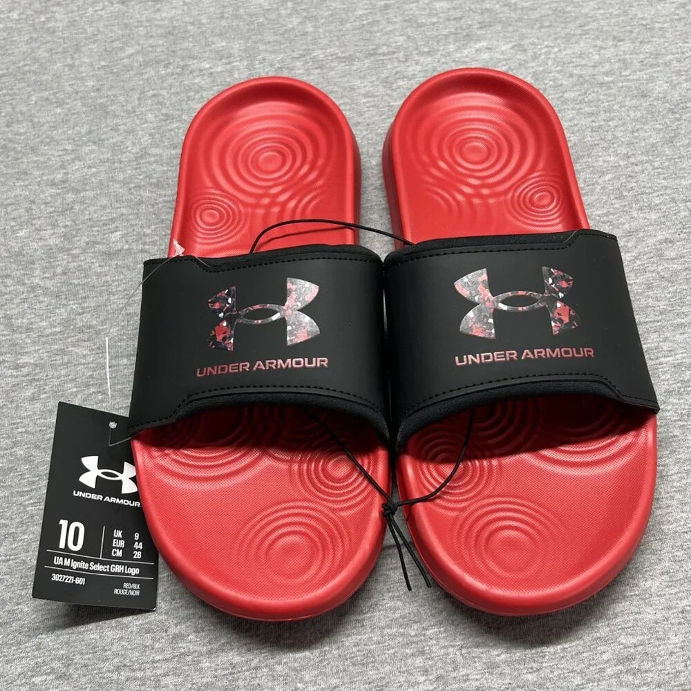 Under Armour Ignite GRH Logo UA‎ Red/Black Men Slip On Sandal Slides Shoe Sz 10